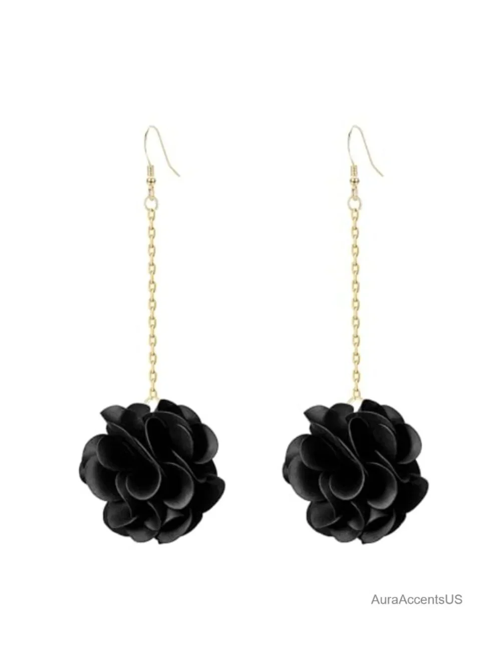 Matte Black Fabric Peony Long Drop Earrings Gold Chain